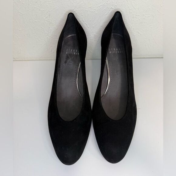 Stuart Weitzman Black Suede Almond Toe Pumps Block Heel Comfort Sz 8 - Picture 1 of 8